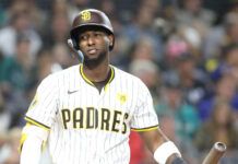 Jurickson Profar, a 2024 MLB All-Star, tops the Padres with a 0.297 hitting average and 19 home runs. Photo by Andy Bartotto